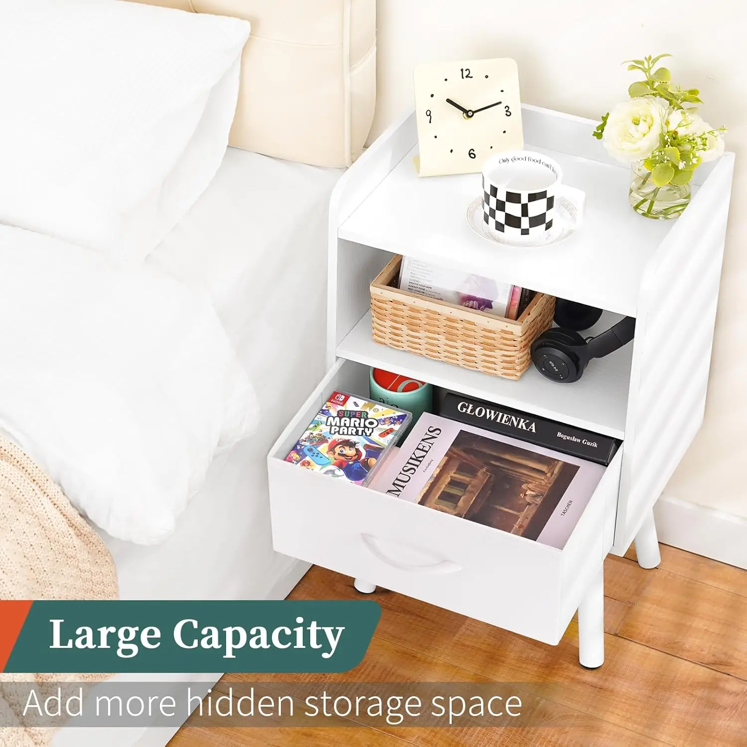 ขาตั้งกลางคืนพร้อมลิ้นชัก, โต๊ะข้างเตียงสไตล์โมเดิร์น, โต๊ะข้างเตียง, โต๊ะข้างเตียงกลางศตวรรษพร้อมชั้นวางแบบเปิด, โต๊ะข้างเตียงไม้,