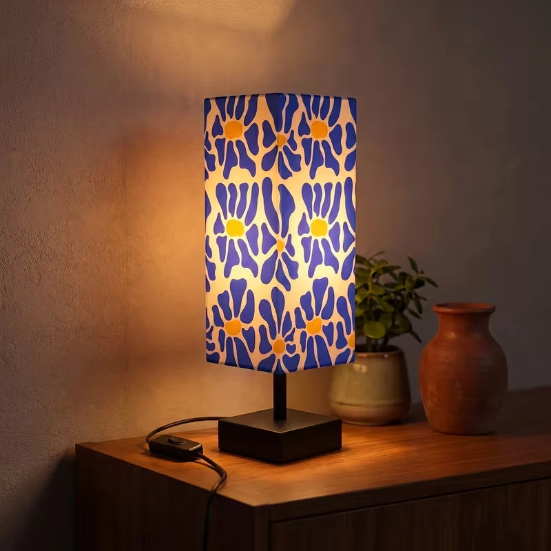 Modern Colorful Floral Table Lamp Pop Art Bedside Nightstand Lamp Warm Diffused Light Effortless Control Compact Stable Base With Blue Yellow Printed Fabric Shade Decorative Accent Desk Light For Bedroom Living Room Dorm Office & Home Decor view 7