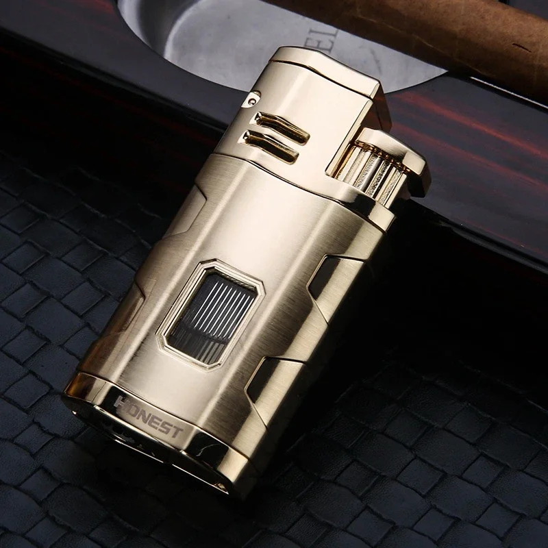 HONEST Metal Multifunctional Outdoor Windproof Butane Gas Lighter Turbo 3 Torch Blue Flame Straight Cigar Lighter Men\'s Gift