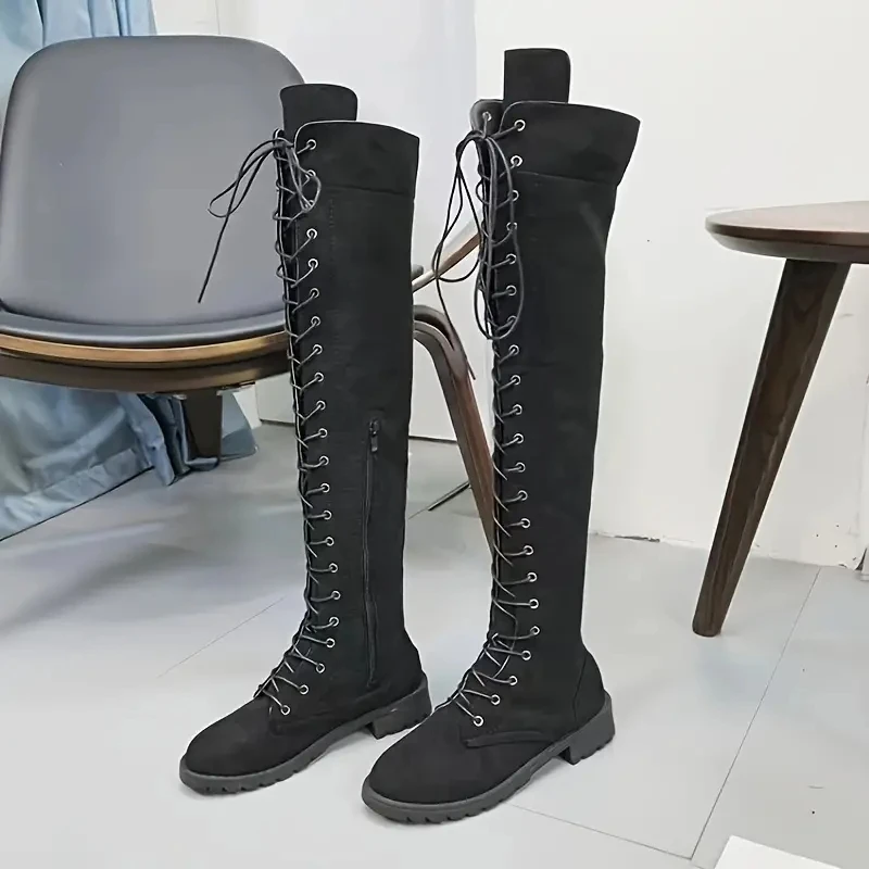 Women's Solid Color Trendy Boots,Side Zipper Soft Sole Platform Lace Up Stretch Boots, Over Knee Slim Dress Boots