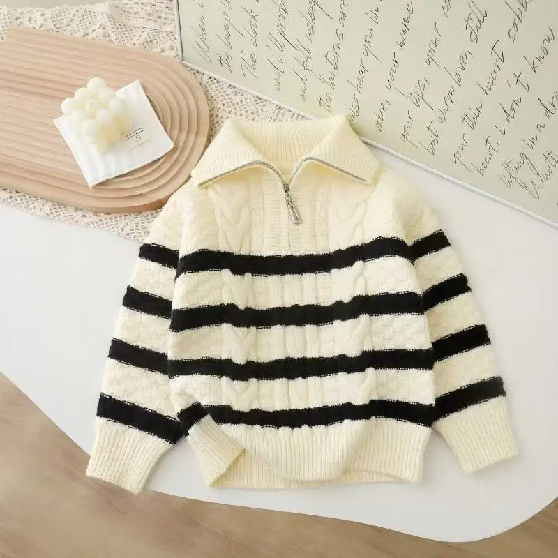 New Children's Sweater Collection Korean-Style Striped Children's Sweater Jacket Girls' Knitted Cardigan Zip-Front Design Top