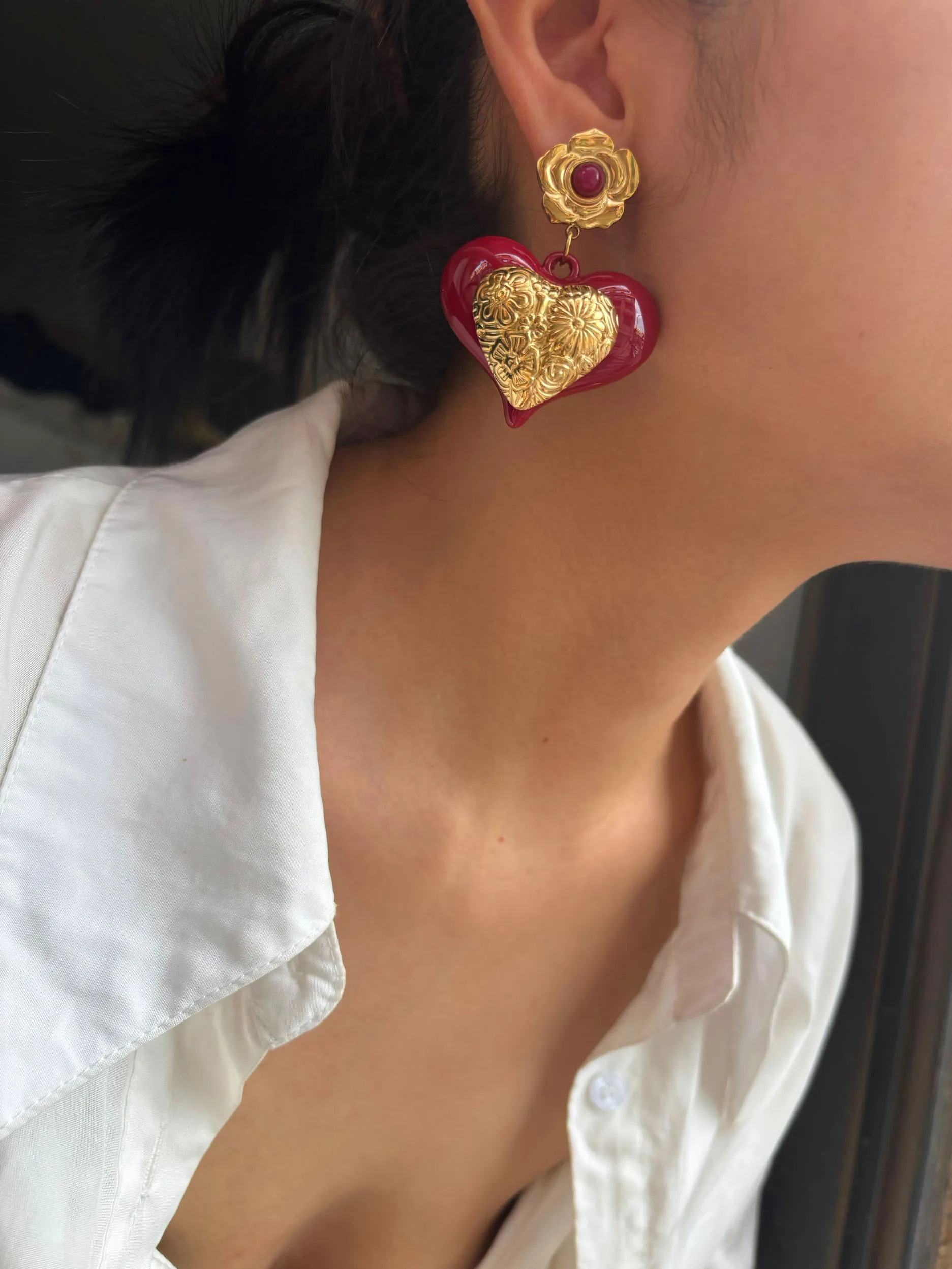 GHIDBK جديد خمر مبالغ فيه الأحمر الراتنج القلب مكتنزة إسقاط أقراط للنساء الفتيات العصرية الفولاذ المقاوم للصدأ مجوهرات حفلات الزفاف