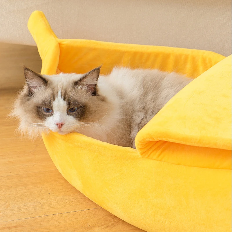 Banana gato cama casa engraçado bonito aconchegante gato esteira camas quente durável portátil pet cesta canil cão almofada gato suprimentos multicolorido