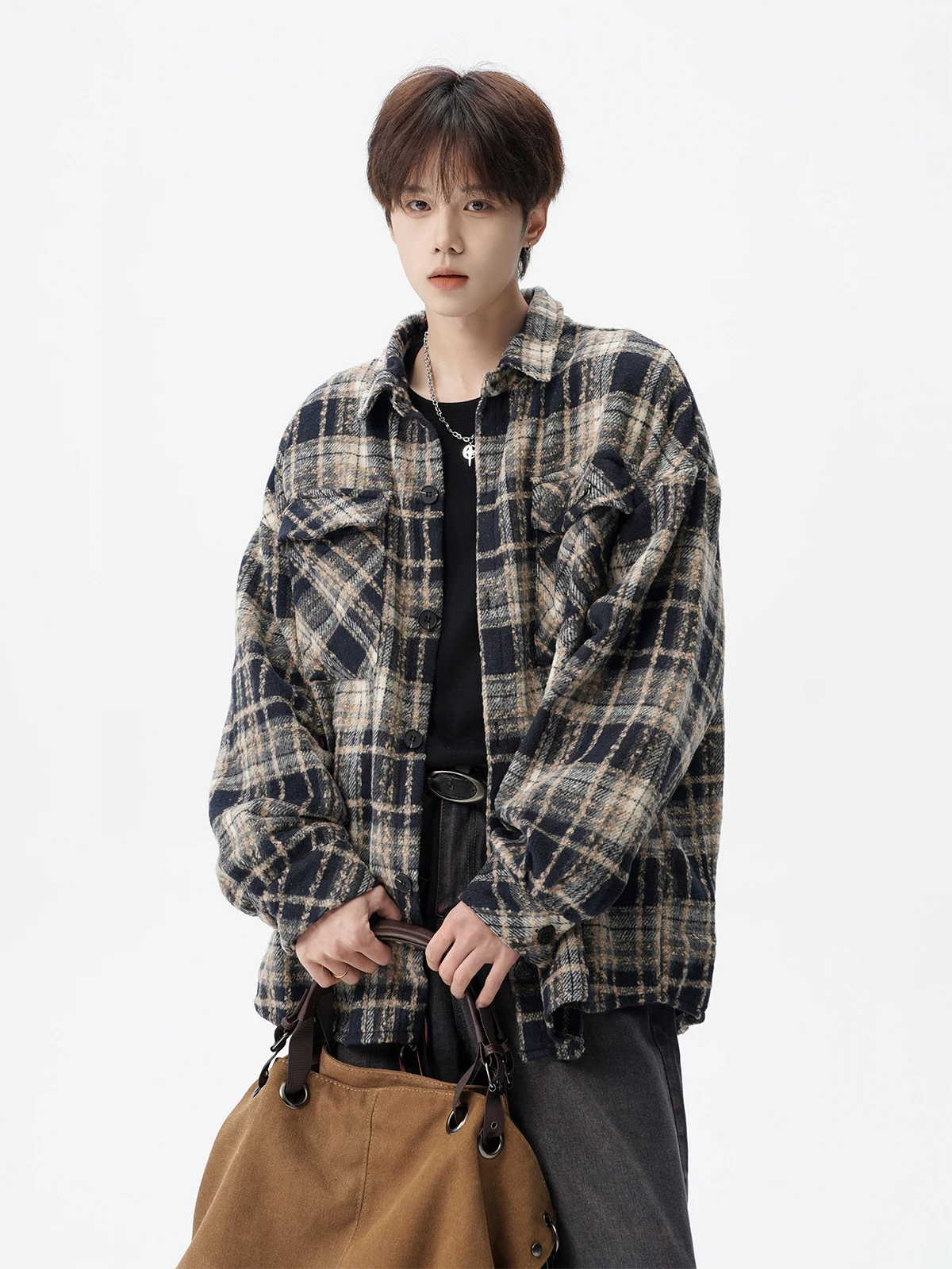 2025 Spring and Autumn Men's Japanese Style Plaid Long Sleeve Black Shirt High Street Loose Casual Versatile Red Shirt