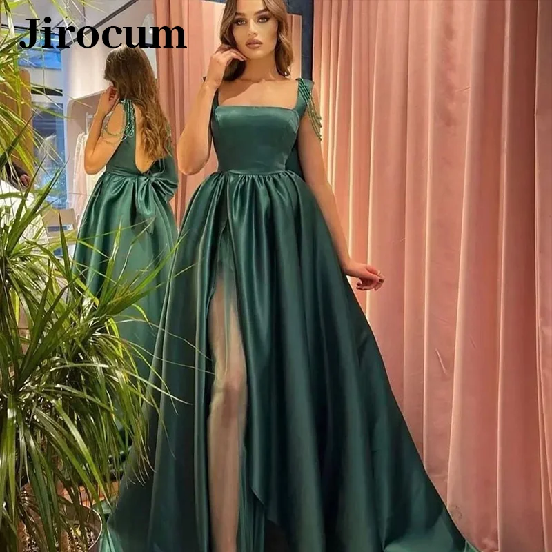 

Jirocum Green A Line Evening Gown customized Off Shoulder Bow Square Neck Formal Dress Side Slit Tulle Backless Prom Dresses