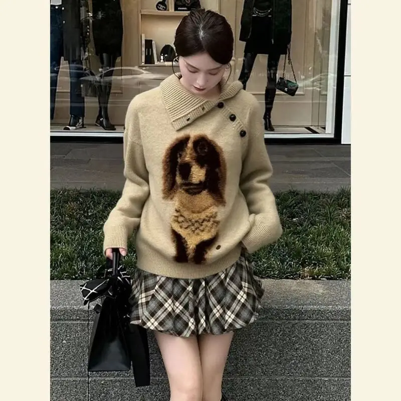 الخريف والشتاء أزياء المرأة الجديدة الأنيقة محبوك هوديي الجاكار الرجعية الراقية فضفاضة عالية الرقبة سترة بأكمام طويلة #2