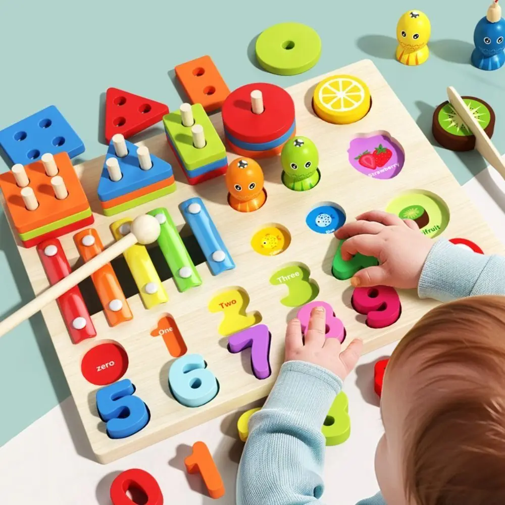 

Educational Geometric Shape Matching Game Toy Exercise Hands-on Early Learning Wooden Geometric Stacked Toy Montessori 5 in 1