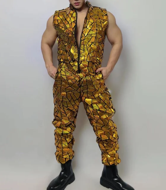 Modern Singer Outfit Sequins Sleeveless Jumpsuit Hip Hop Dance Costume Male men Nightclub Bar Gogo Overalls Performance Cloth