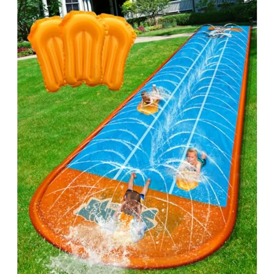 

22ft Inflatable Water Slide for Ages 4-8 8-12 with Sprinkler and 3 Bodyboards Summer Outdoor Water Toy Blue Racing Lanes Slip W