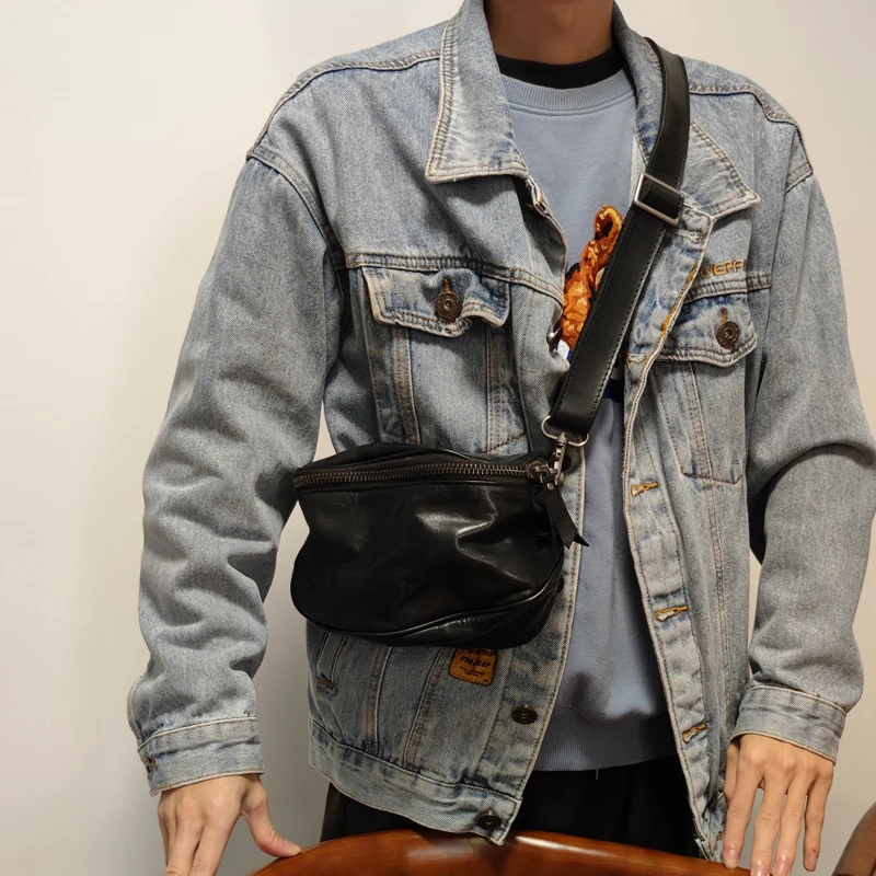 

Simple vintage first layer cowhide pleated men's crossbody bag casual designer handmade luxury genuine leather shoulder bag
