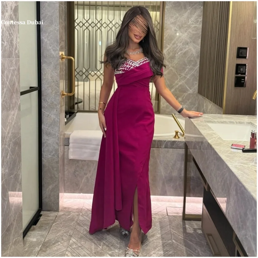 

Contessa Dubai Rhinestone bodycon Magenta Pleat Prom Dresses Strapless Sleeveless فساتين سهرات Slit Length Ankle robes de soirée