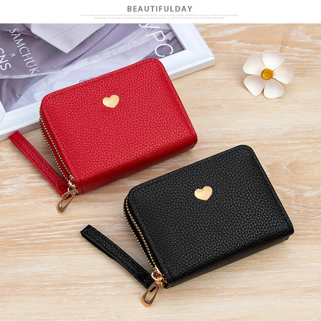 Pu Leather Wallet Lightweight Dual Zipper Purse Wallet Card Holder Heart Decor Portable Wallet For Bank Cards Shopping Daily