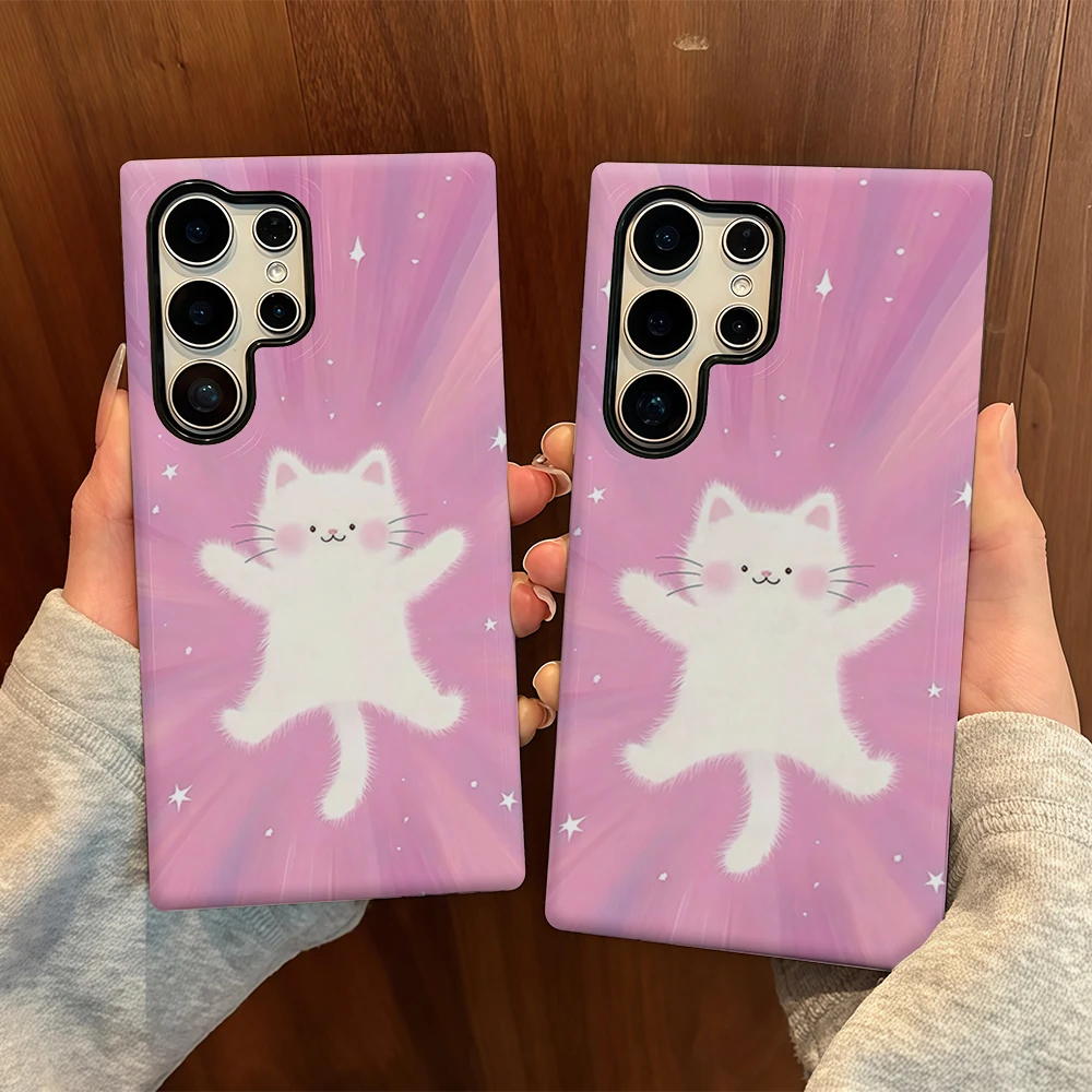 White Cat Pink Rays Comes Lens Film Case For Samsung Galaxy S26 S25 FE S24 S23 S22 S21 S20 Ultra Plus S20 FE PC Cover