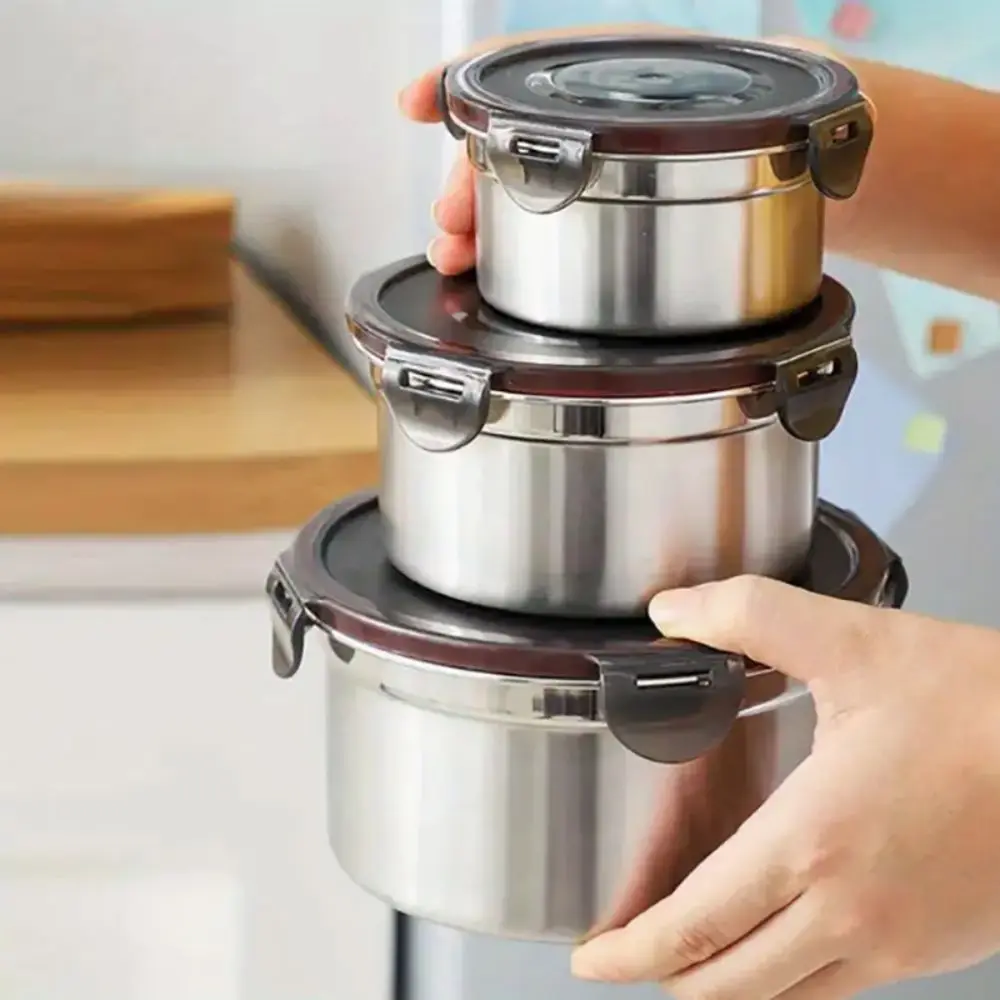 3 unids/set tazón de comida de cocina fiambrera de acero inoxidable reutilizable a prueba de fugas caja de mantenimiento fresco redondo anticaída más nítido trabajador