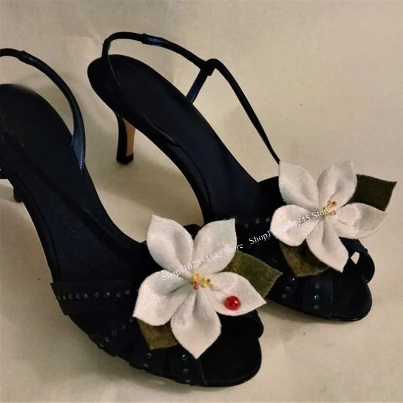 Black White Flower Decor Buckle Sandals Thin High Heel Peep Toe Fashion Sexy Novel Western Summer Woman Shoes Zapatillas Mujer