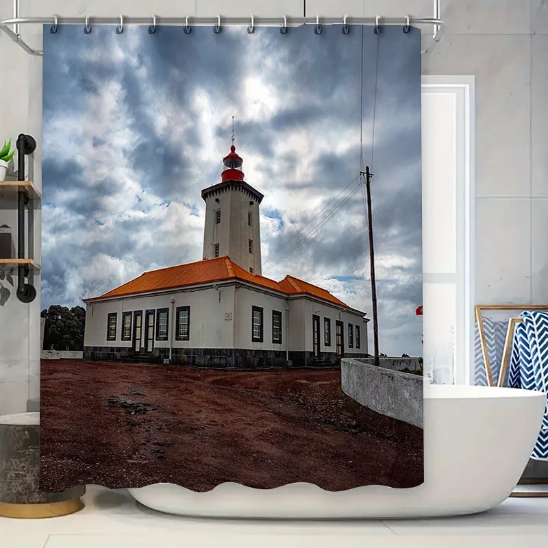 Coastal Lighthouse Shower Curtain Vintage Nautical Ocean Beach Decor Bathroom Set Waterproof Scenic Backdrop
