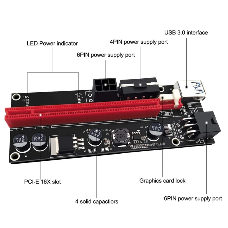 009S PCI-E Riser 1X a 16X USB PCI Express Riser Placa adaptadora alimentada 60Cm USB 3.0 Cabo de extensão para Bitcoin
