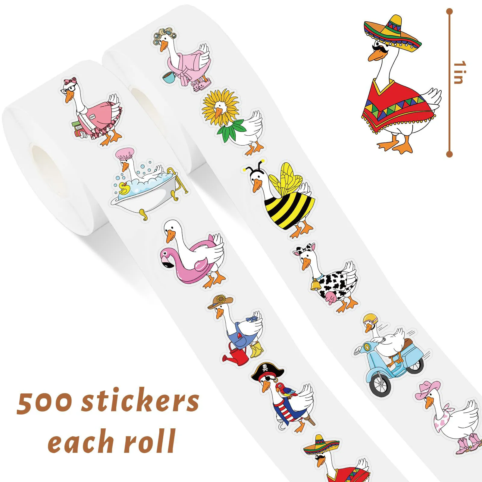 500Pcs Summer Silly Goose Roll Stickers Funny Bee Swimming Surfing Patterns Goose Stickers, Cute Summer Hawaii Waterproof Decal