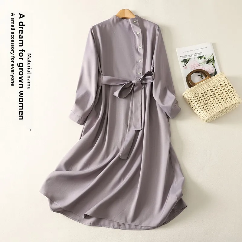 Elegant Long Sleeve Asymmetrical Dress Women's Autumn Intellectual Style Waist-Cinching Midi Dress Cotton Polyester Blend