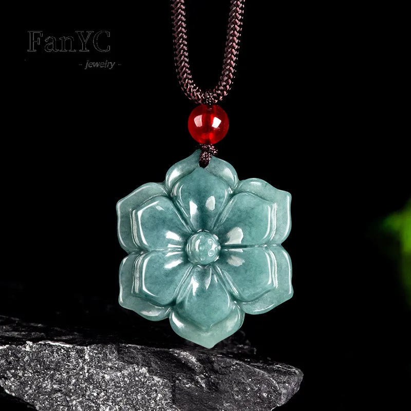 

Myanmar Jadeite Blue Water Peach Blossom Pendant Hand-carved Exquisite Charm Glutinous Seed Jade Necklace Men Women Holiday Gift