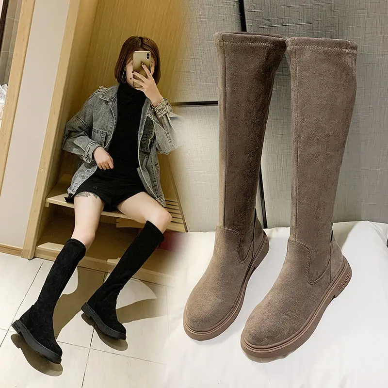 Elastic Half High Boots Woman Winter 2024 On Offer With High Quality Brown Autumn With Low Heels Flat Long Shoes For Women Hot