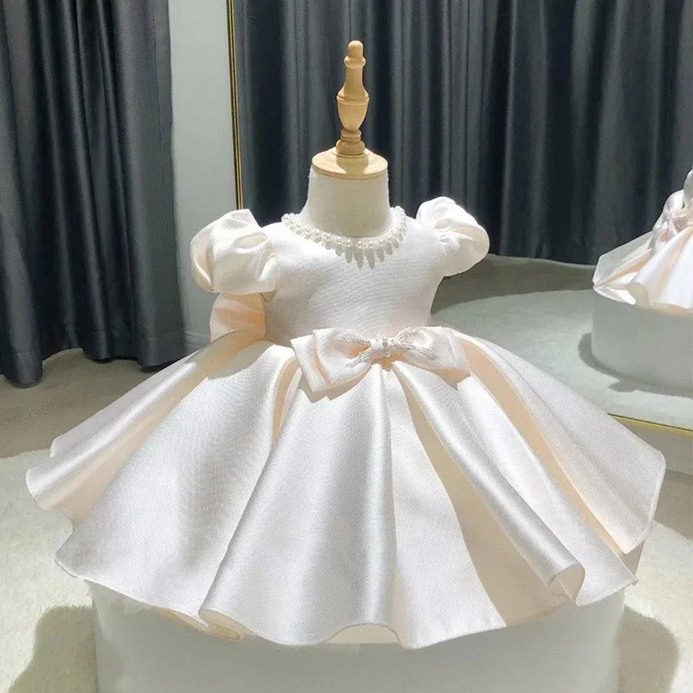 Champagne Satin Girl Party Dress Beading Kids Elegant Dresses For Girls Princess Clothes Luxury Birthday Gown Baby Vestidos 1-8Y