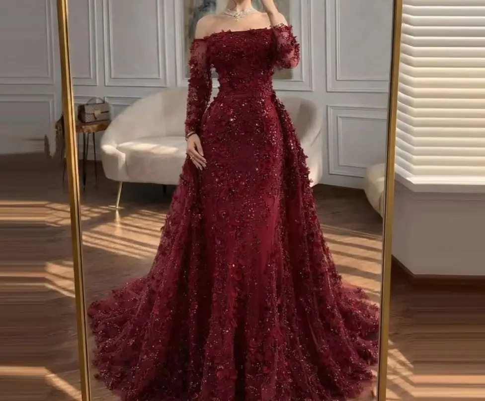 Customized Burgundy Prom Dress Off Shoulder 3D Floral Applique Mermaid Evening Gown With Overskirt Women Wedding Formal Occasion