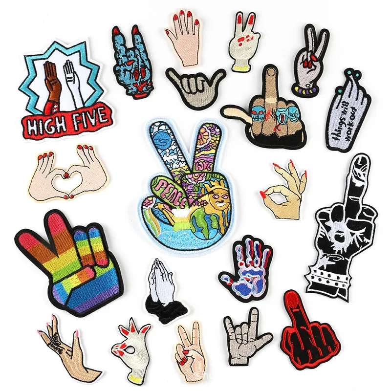 Personalized Gestures Iron Ons Collection Devil Hand Patch Victory OK Love Pray Signs Cloth Stickers Middle Finger Ironing Badge