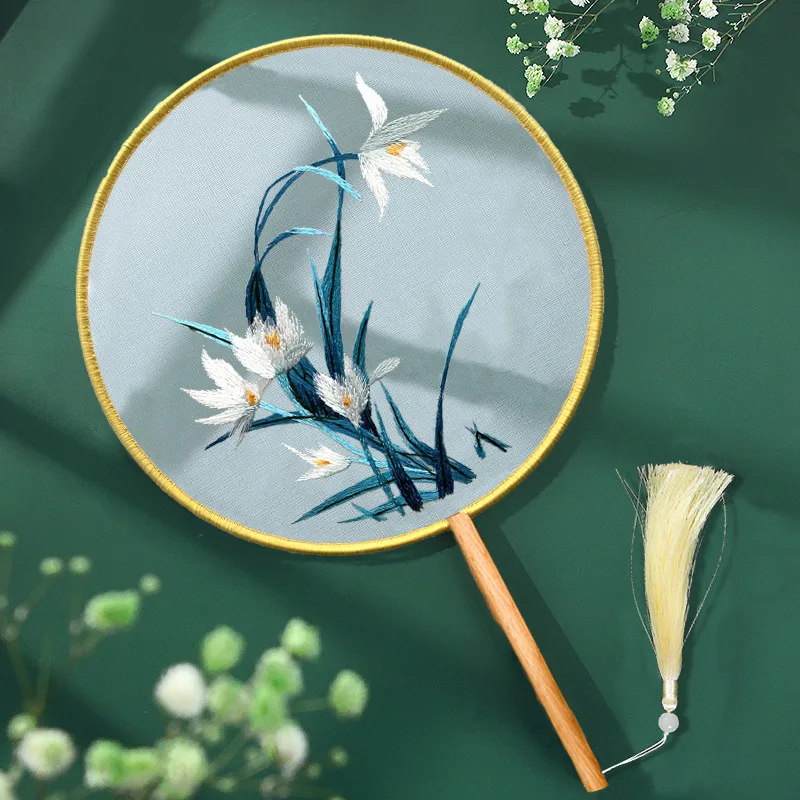 Ancient Palace Classical Embroidery Chinese Style Long And Short Handled Round Shaped Embroidered Fan, Hanfu Dance Fan