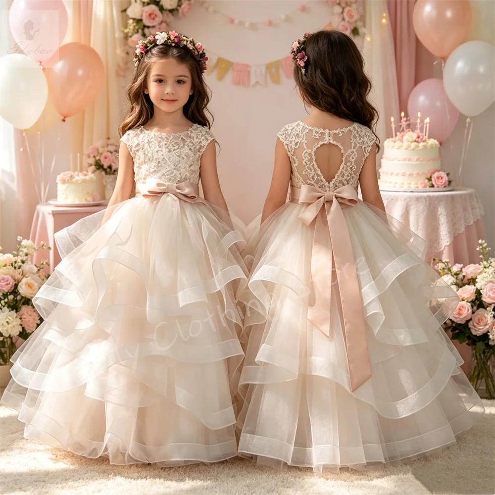 Flower Girl Dress for Wedding Lace Decals Layered Ruffle Beauty Pageant First Communion Celebrity Events Kids Birthday Dress