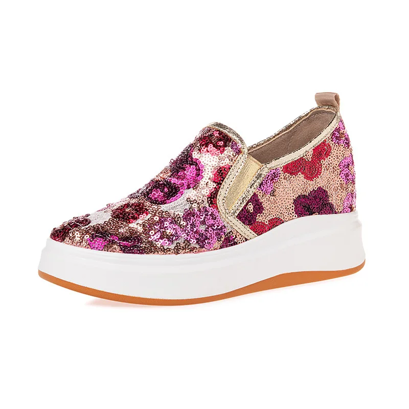 Zapatos Planos de Mujer de 7 cm con Plataforma y Tacón de Cuña, Diseño de Flores con Lentejuelas Brillantes, Parte Superior de Malla Transpirable, para Primavera y Otoño