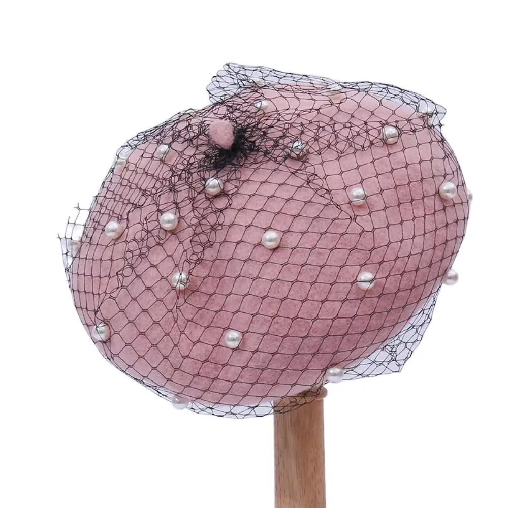 

Elegant Pearl Wool Beret for Women Retro with Mesh Veil Painter Hat Fashion Double Layer Beanie Caps for Autumn and Winter