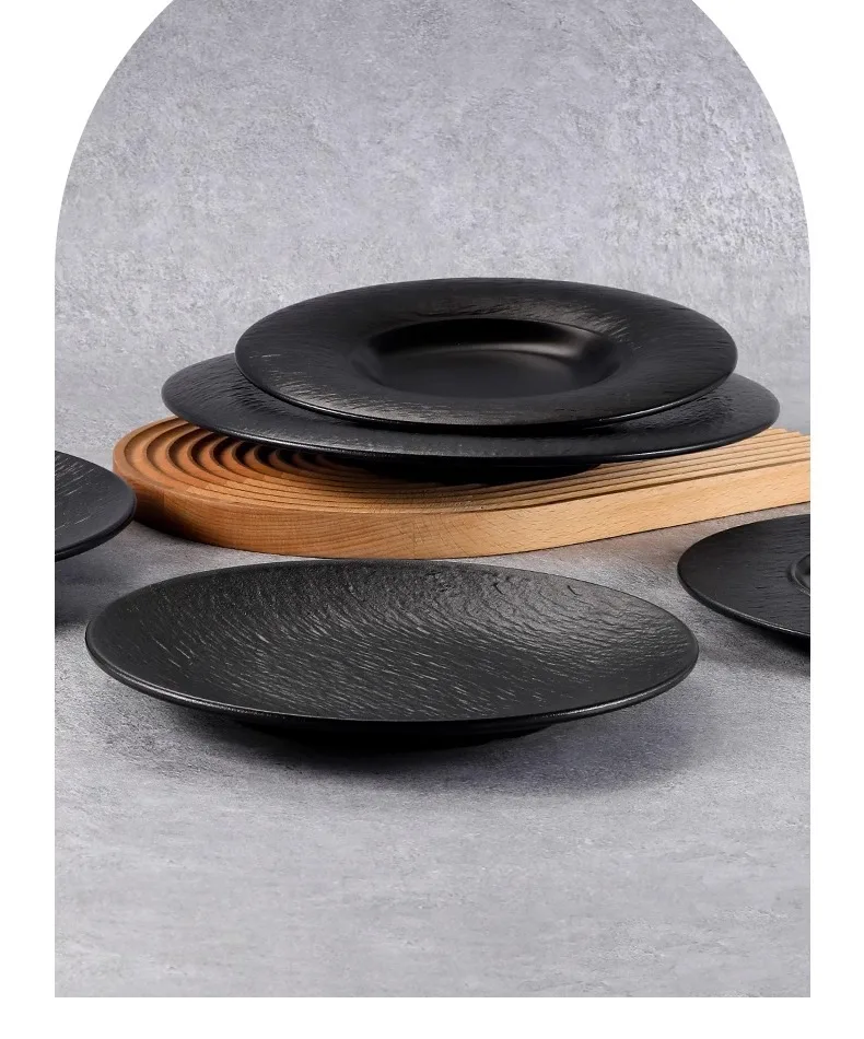1 Pc Melamine Plate Japanese Plastic Black Disc Fire Western Style Beef Flat Plate Commercial