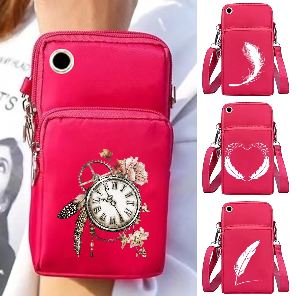 Universal Mobile Phone Bag Shoulder Crossbody Bags Wallet Sport Arm Purse Women Clutch Phone Pouch Wrist Pack Feather Pattern