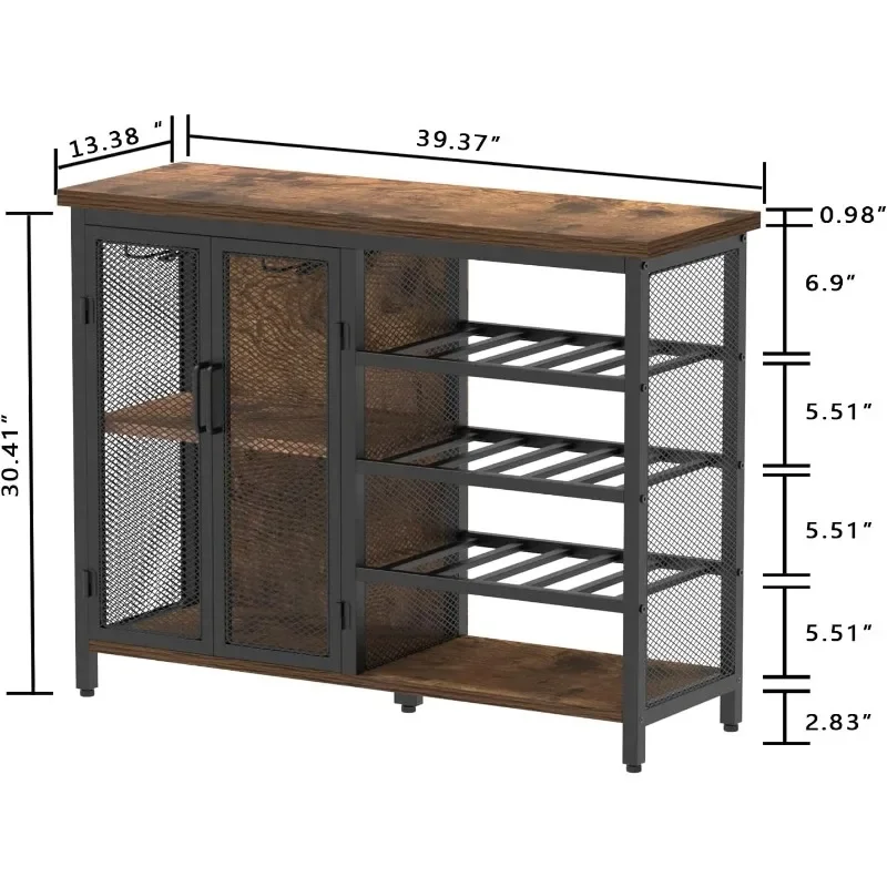 Armário para licor e copos, Madeira e Metal, Autoportante Wine Rack, Accent Aparador, Mesa Buffet