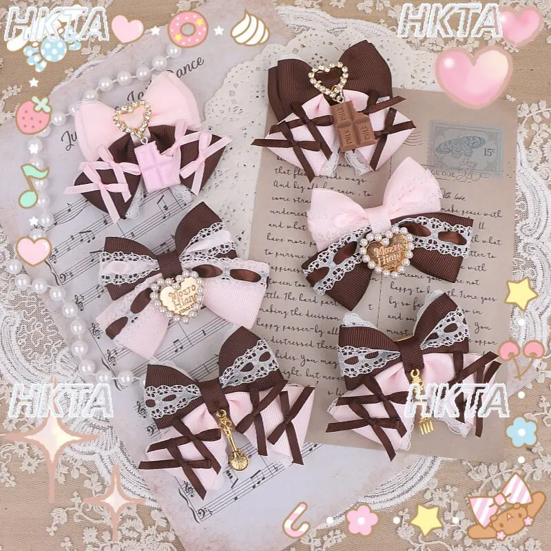 Japanese Sweet Kawaii Lolita Chocolate Pink Coffee Pearl Hair Clip Heart-shaped Lolita Hair Accessory Twin Tails Side Ponytails