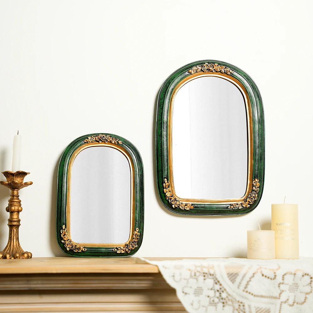 European light luxury resin embossed green carved mirror makeup mirror vintage resin photo props girl makeup mirror