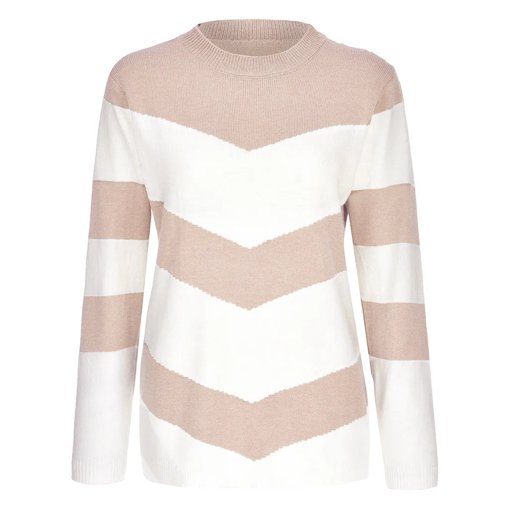 Spring and Autumn Fashion Stripes Spell Color Slim-fit Stretch Round Neck Long Sleeve Stitching Pullover Knitted Sweater Women