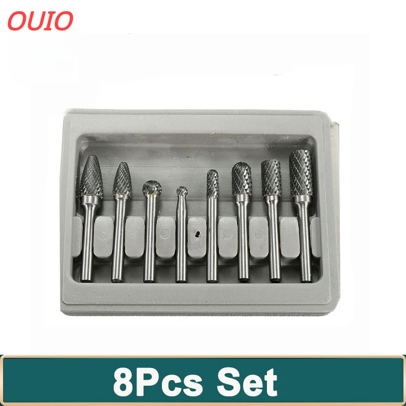 OUIO Tungsten Carbide Burr Bits 8pcs 1/4 Inch 6mm Rotary Files CNC Engraving Tool Set For Power Tool