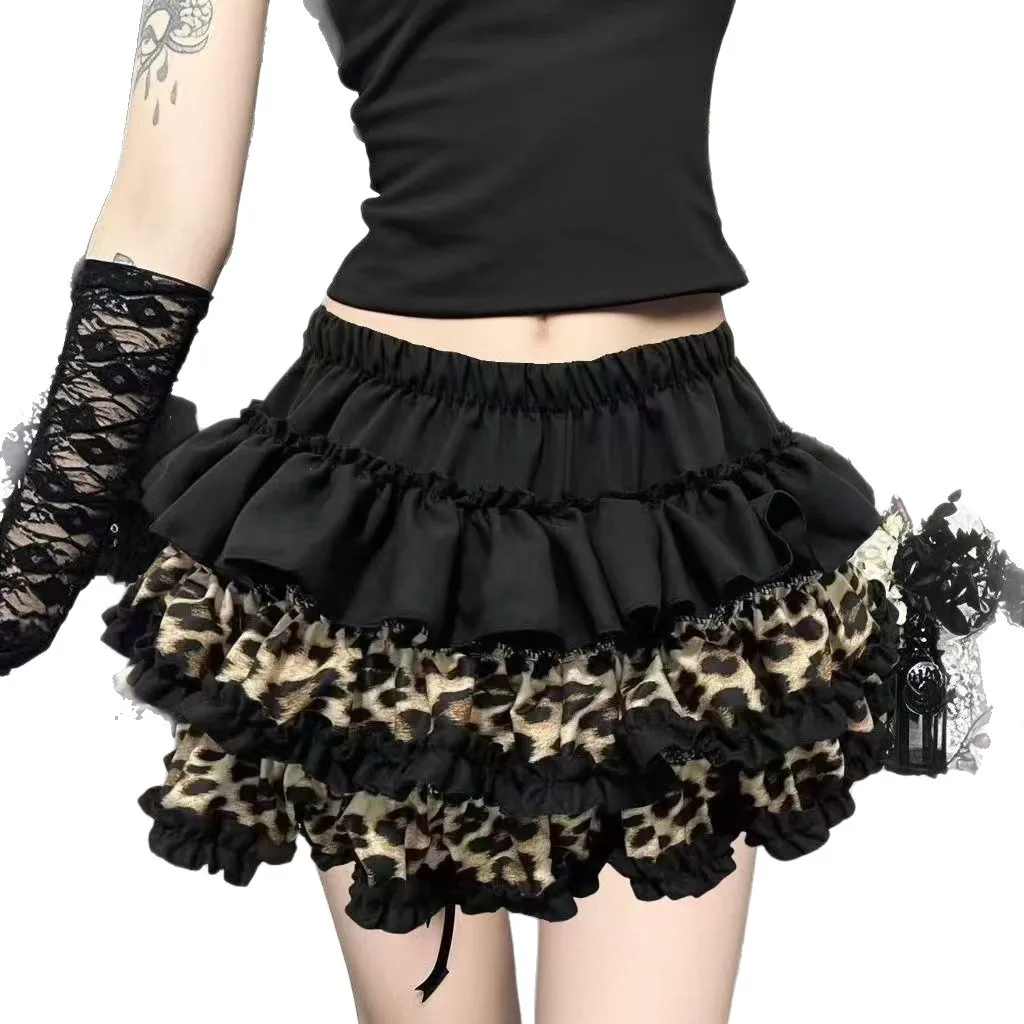 Y2K Women Skirt Black High Waist Patchwork Mini Skirt Leopard Print Lace Trim Ruffle Short Skirt Gothic Layered Pleated Skirt