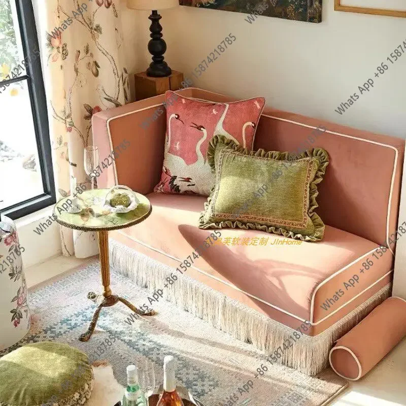 A65 French Retro Premium Lotus Root Pink Fringed Concubine Sofa American Bedroom Living Room Balcony Studio Fabric Sofa