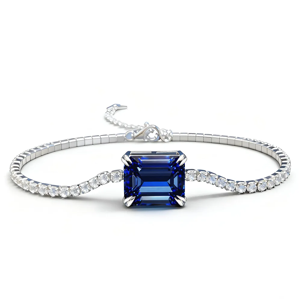 New European and American 2mm tennis chain set with 10x12mm sapphire S925 silver tennis bracelet