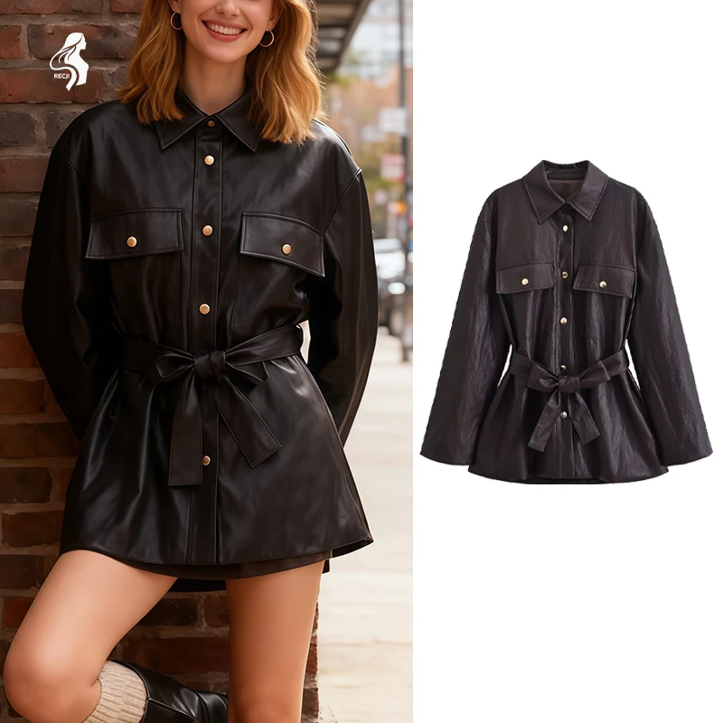 

Женское модное однобортное пальто с карманами и зубчатым воротником из искусственной кожи, длинное пальто с поясом для повседневного и уличного ношения