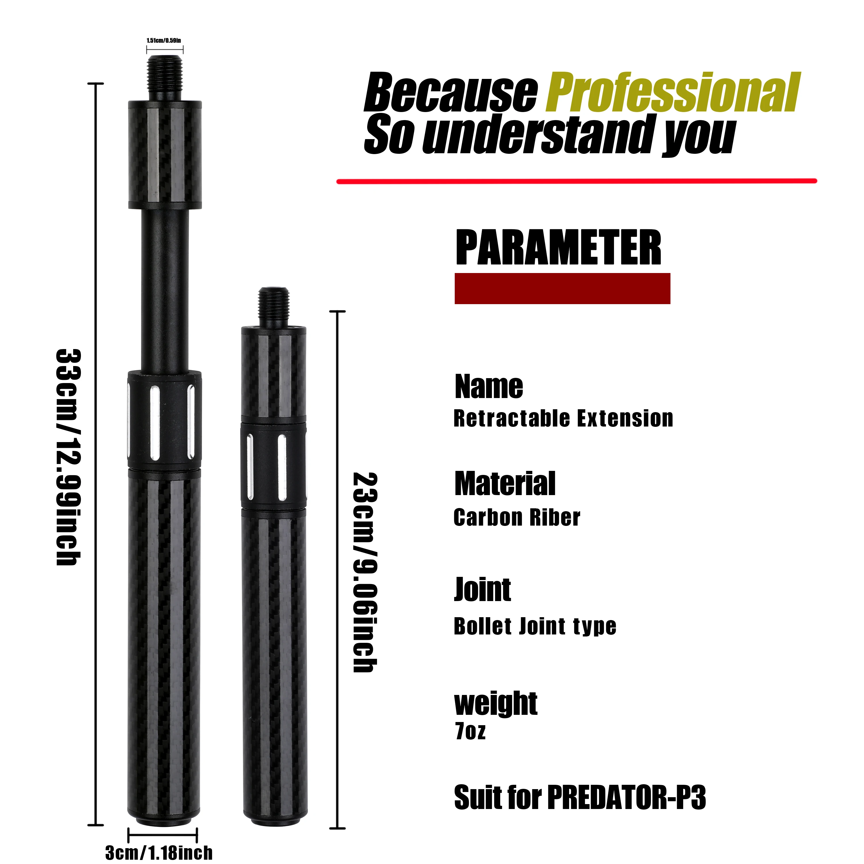 Universelle Teleskop-Queueverlängerung aus Carbonfaser, Pro-Serie, 9-Ball-Zubehör mit Bullet Joint Pin – Detail 4