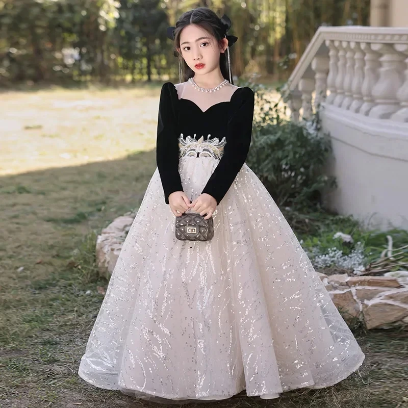 Customized Flower Girl Dress For Wedding Pearls Glitter Long Sleeve Floor Length Elegant Kids Birthday First Communion Gown