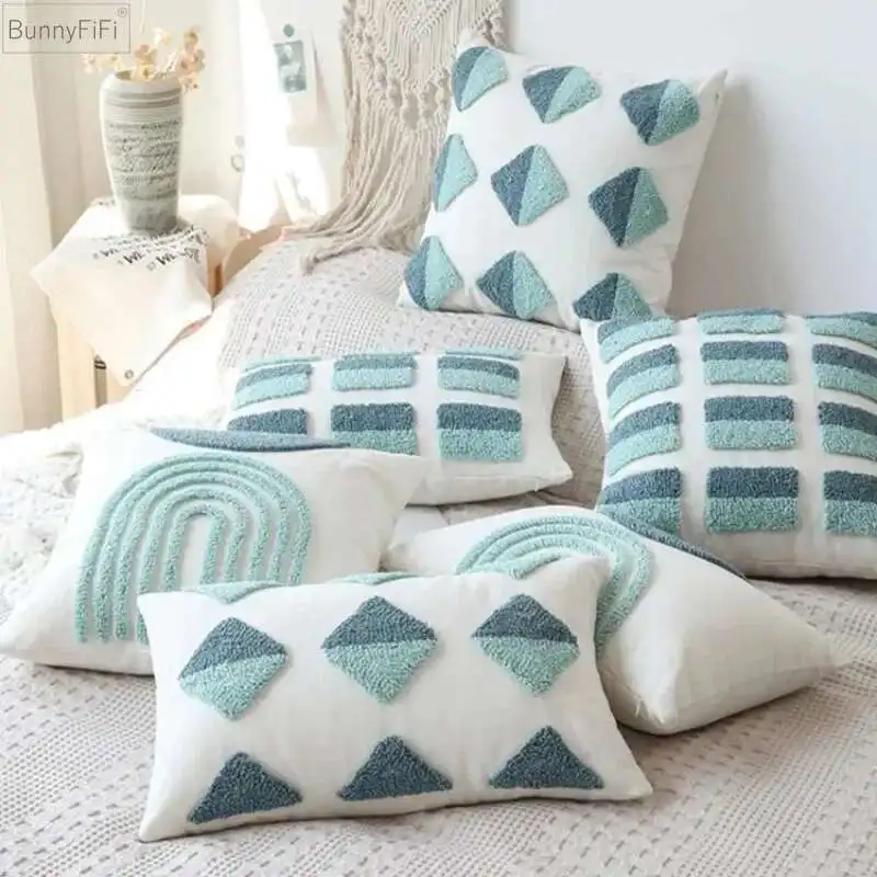 Boho Embroidered Geometric Cushion Cover 45x45cm 30x50cm Brown Blue Pillow Case Modern Sofa Living Room Home Decor Bohemian