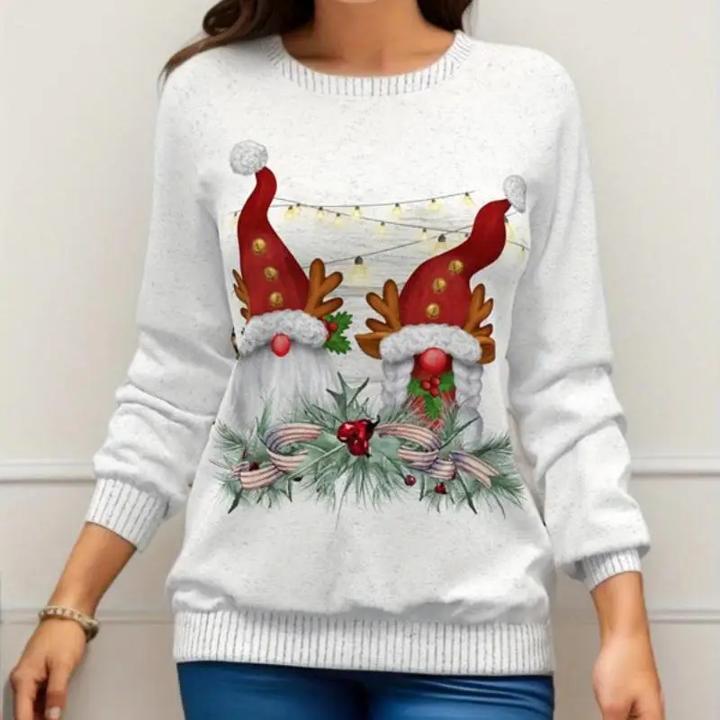 

Fashion women's loose version of casual women's pullover hoodie Christmas national style printed shoulder print T-shirt