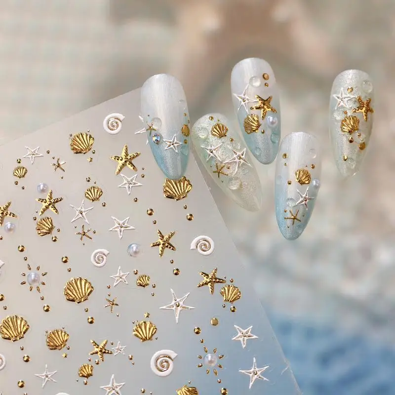 5D Embossed Self Adhesive Nail Art Stickers Gold Stamped Shell Conch Scallop Starfish Pearl Delicate Ocean Style Manicure Decals