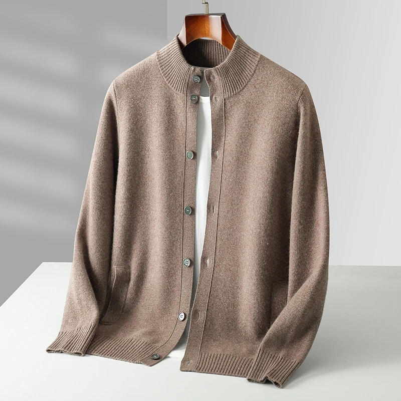 Retro Autumn Winter Clothes Men's Sweater Cardigan 100% Merino Wool Cardigan Mock Neck Single Breasted Knitwear Mature Coat Tops
