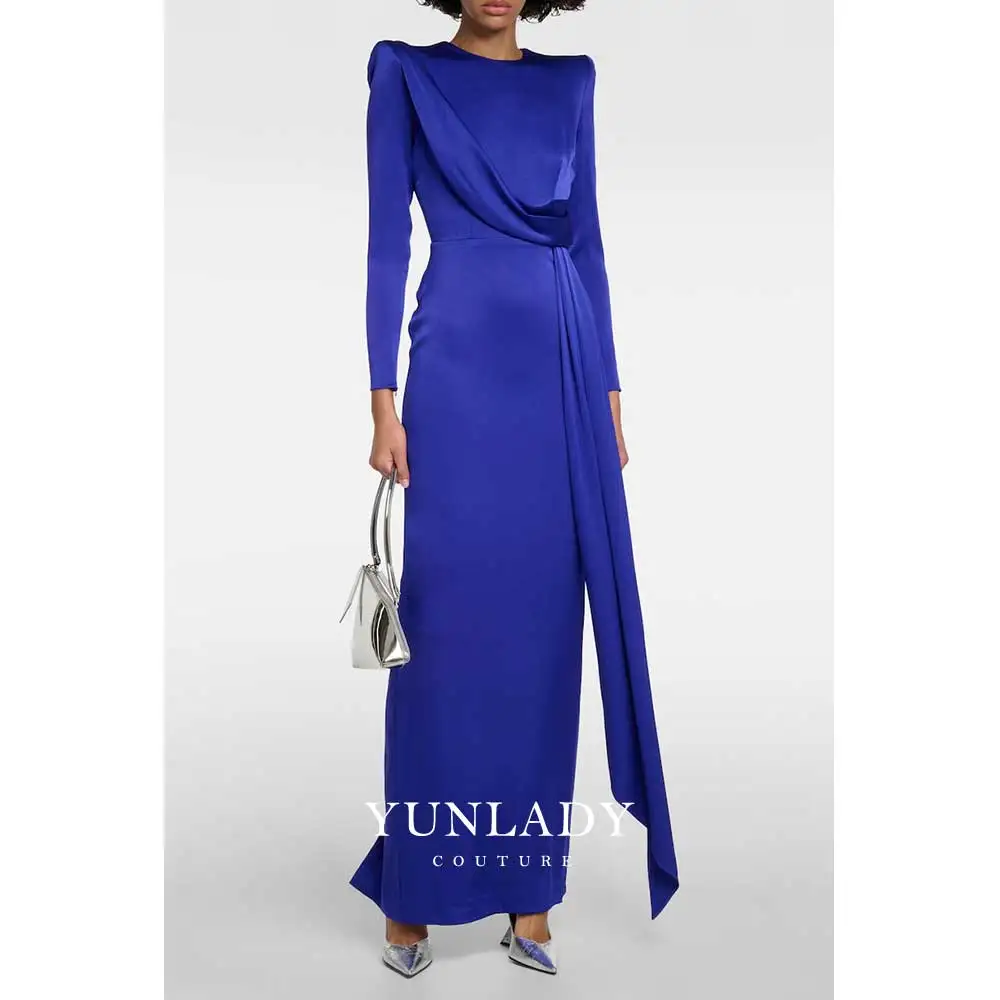 YUNLAN Luxury Dubai Royal Blue Formal Satin Evening Dress 2024 New Women Elegant Party Long Sleeve Slit Ribbon Long Dress